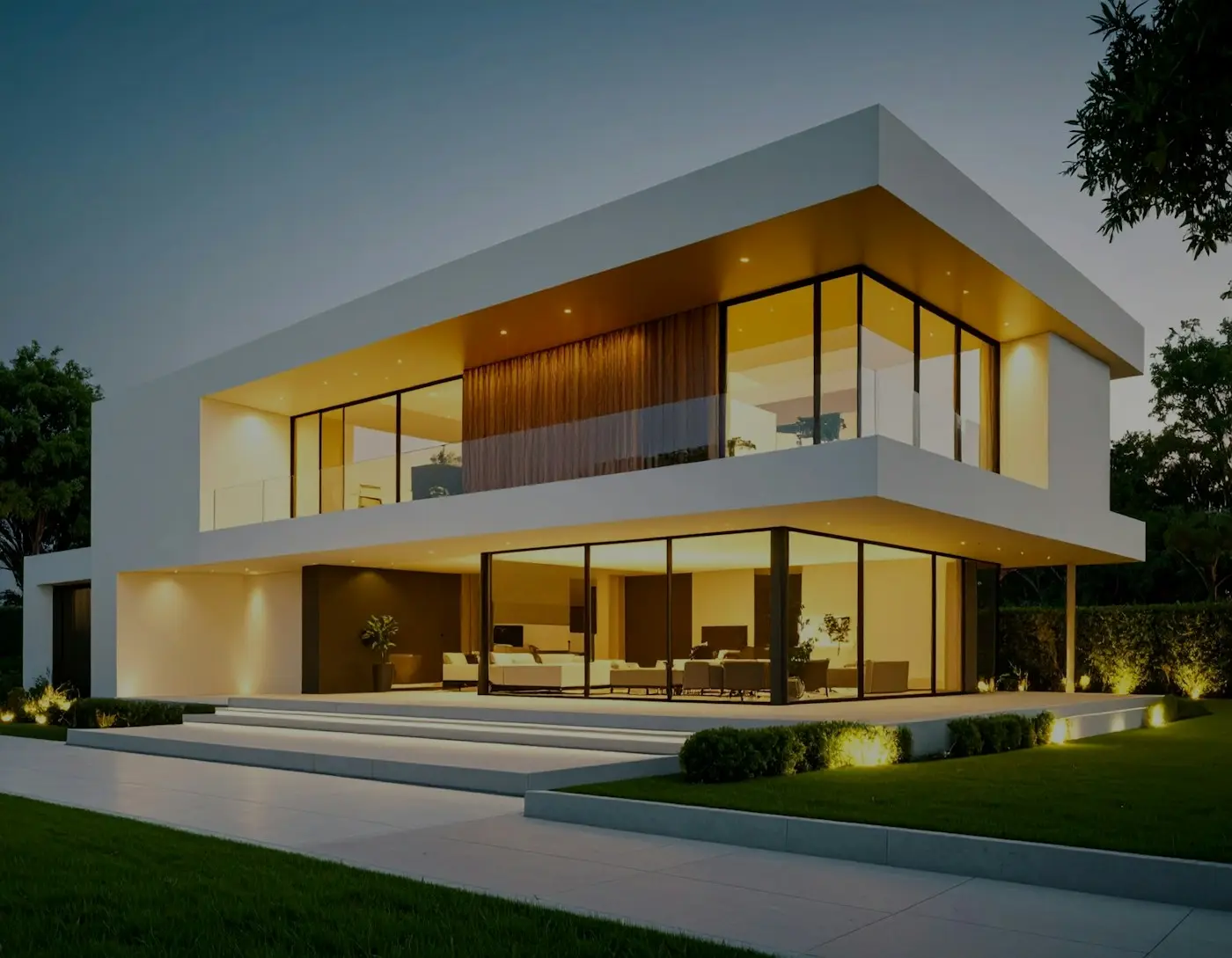 A finished modern home glowing with lights, illustrative
