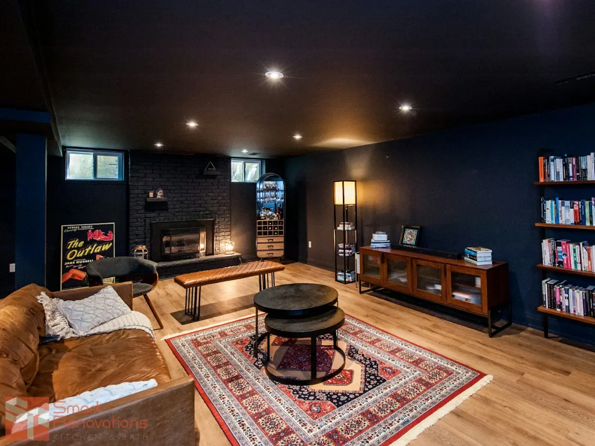 A warm basement lounge with a fireplace and shelves, illustrative